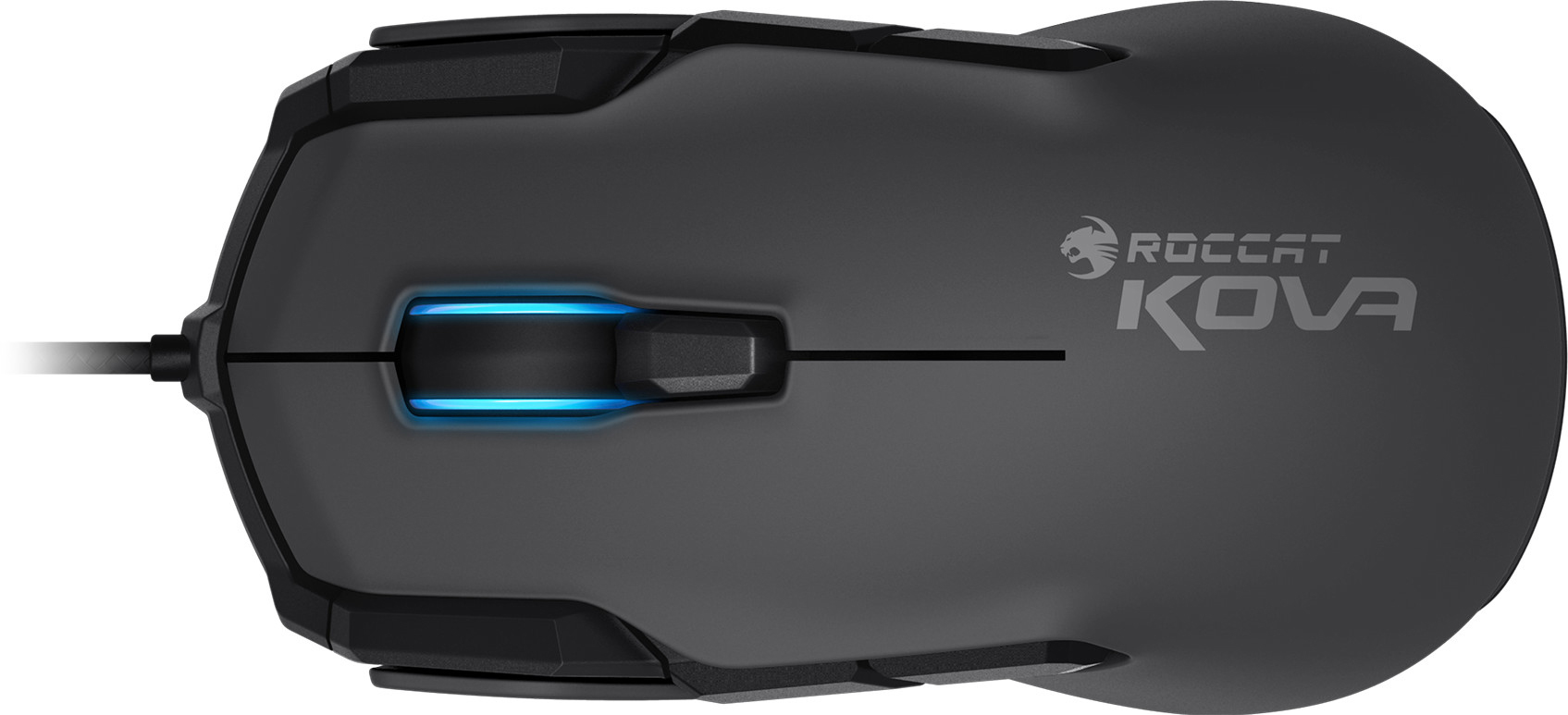 Schwarze Roccat Kova Gaming-Maus. Die Maus hat ein schlankes Design mit blauer Beleuchtung um das Mausrad.