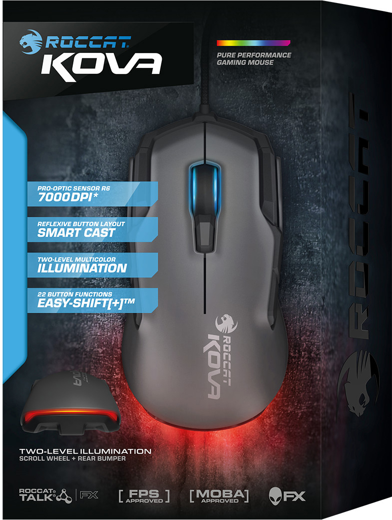 ROCCAT KOVA Gaming-Maus-Box. Maus ist grau mit blauem Licht oben und rotem Licht unten.