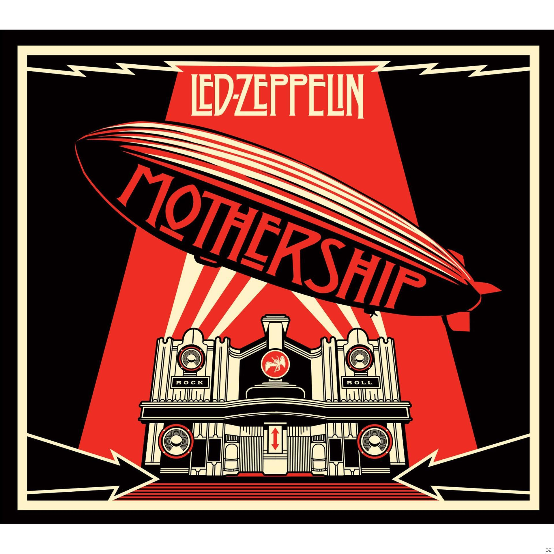 Albumcover mit einer roten und schwarzen Illustration eines Zeppelins und eines Gebäudes.