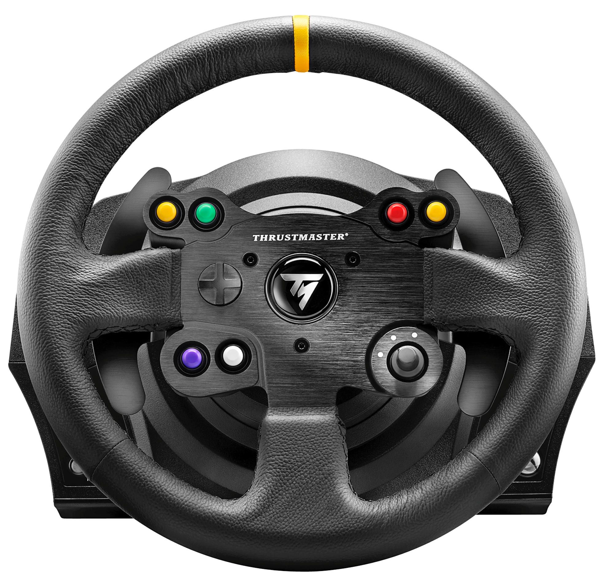 Volante nero con pulsanti e manopole.