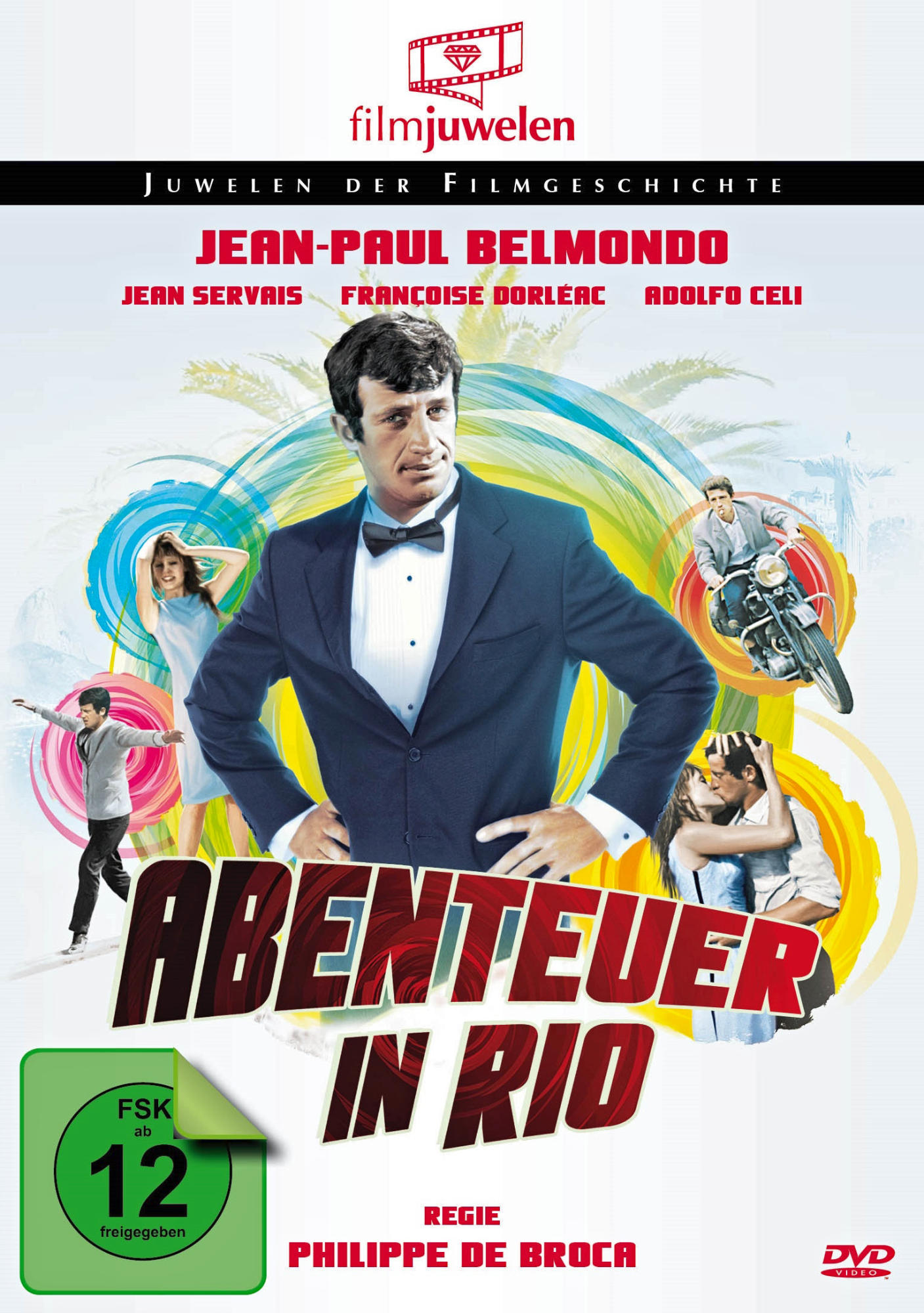 Filmposter. Jean-Paul Belmondo. Titel: Abenteuer in Rio. Menschen, Actionszenen. Helle Farben.