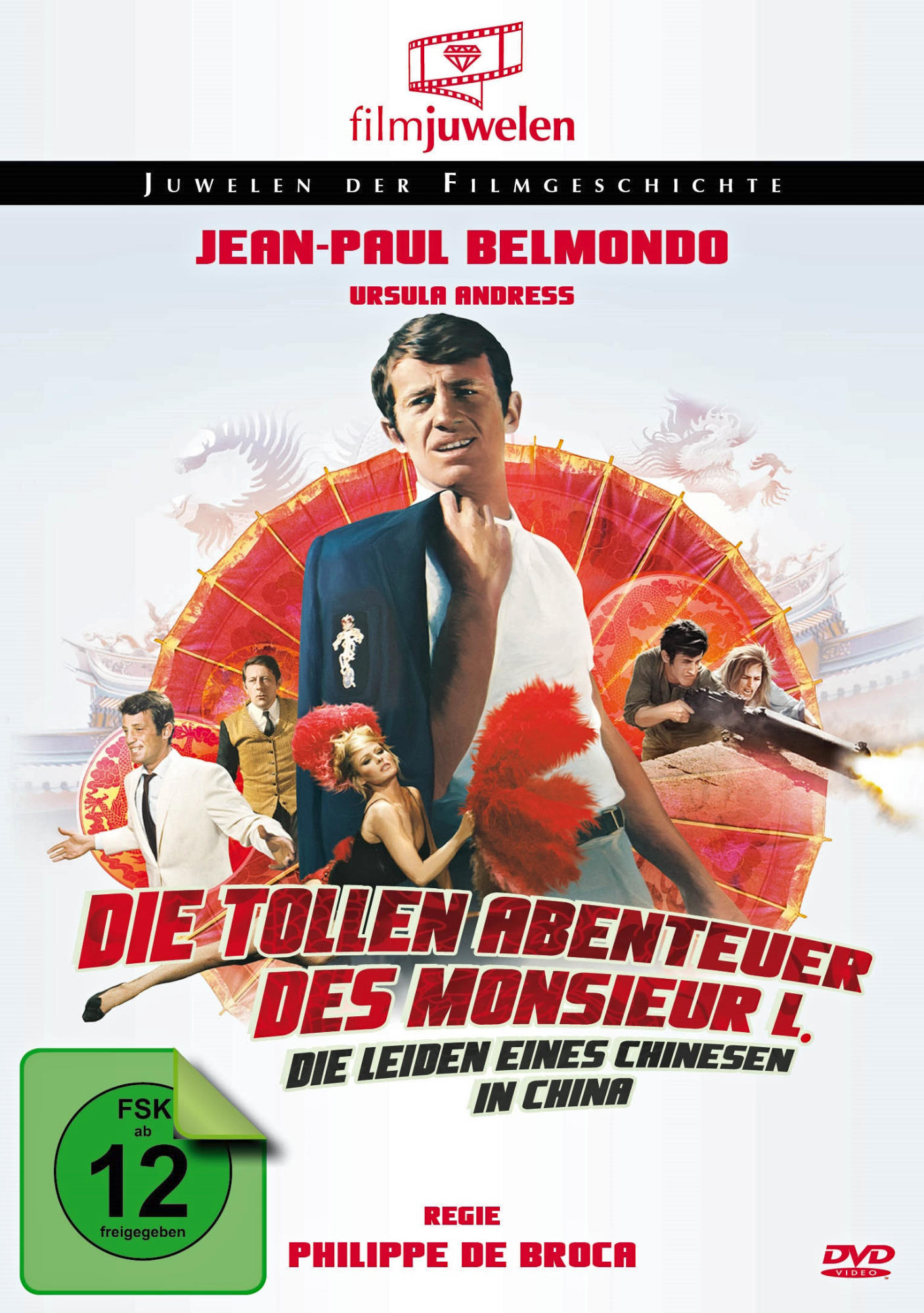 DVD-Cover mit einem Mann im Anzug, Schauspielern und dem Titel 'Die tollen Abenteuer des Monsieur L'.