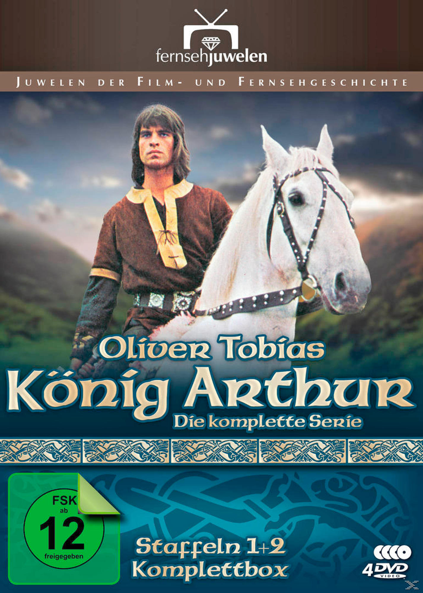 DVD-Cover von 'König Arthur', ein Mann auf einem weißen Pferd, mit dekorativen Elementen.