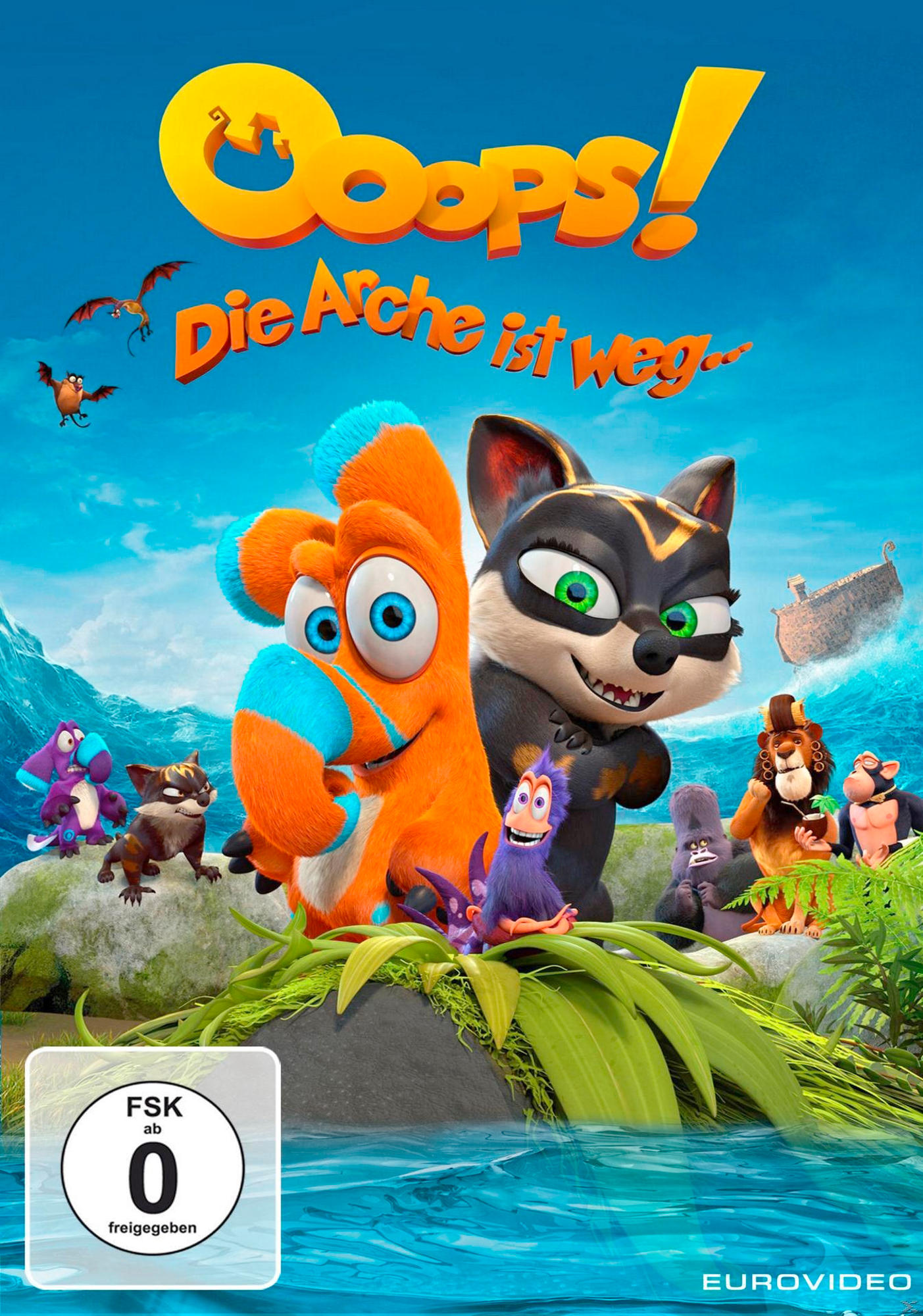 Animationsfilm-Poster mit Zeichentricktieren und dem Titel 'Oops! Die Arche ist weg'. Blauer Himmelshintergrund.