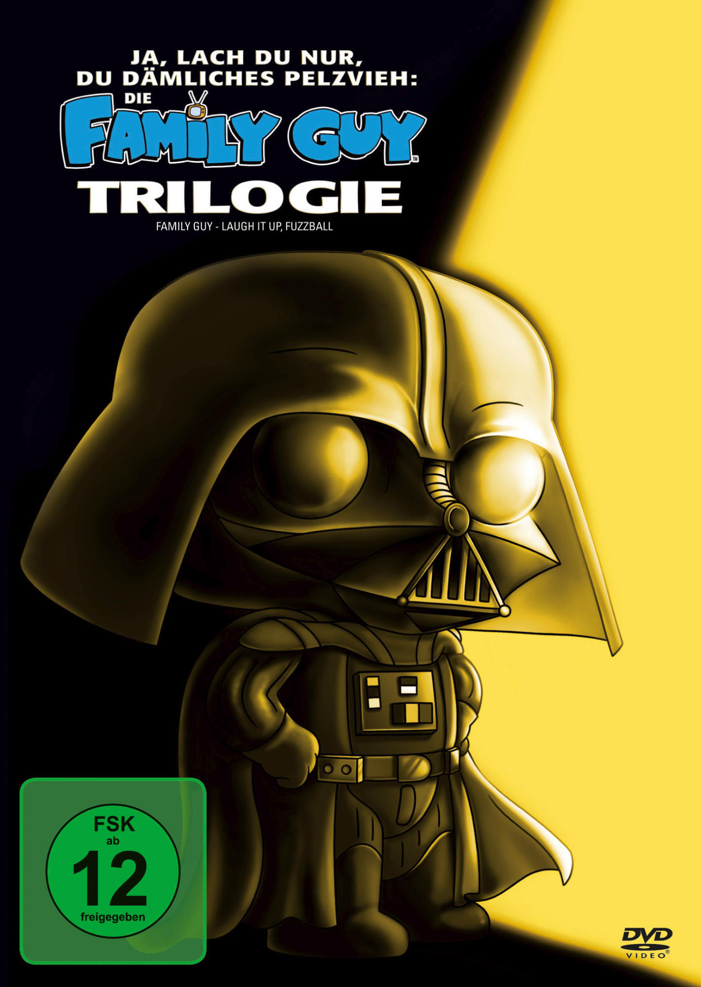 Family Guy DVD-Cover mit Darth Vader. Deutscher Text und Altersfreigabe auf gelbem Hintergrund.