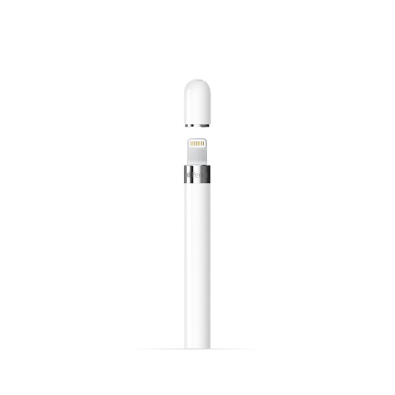 Weißer Apple Pencil ohne Kappe, der Ladeanschluss wird gezeigt.