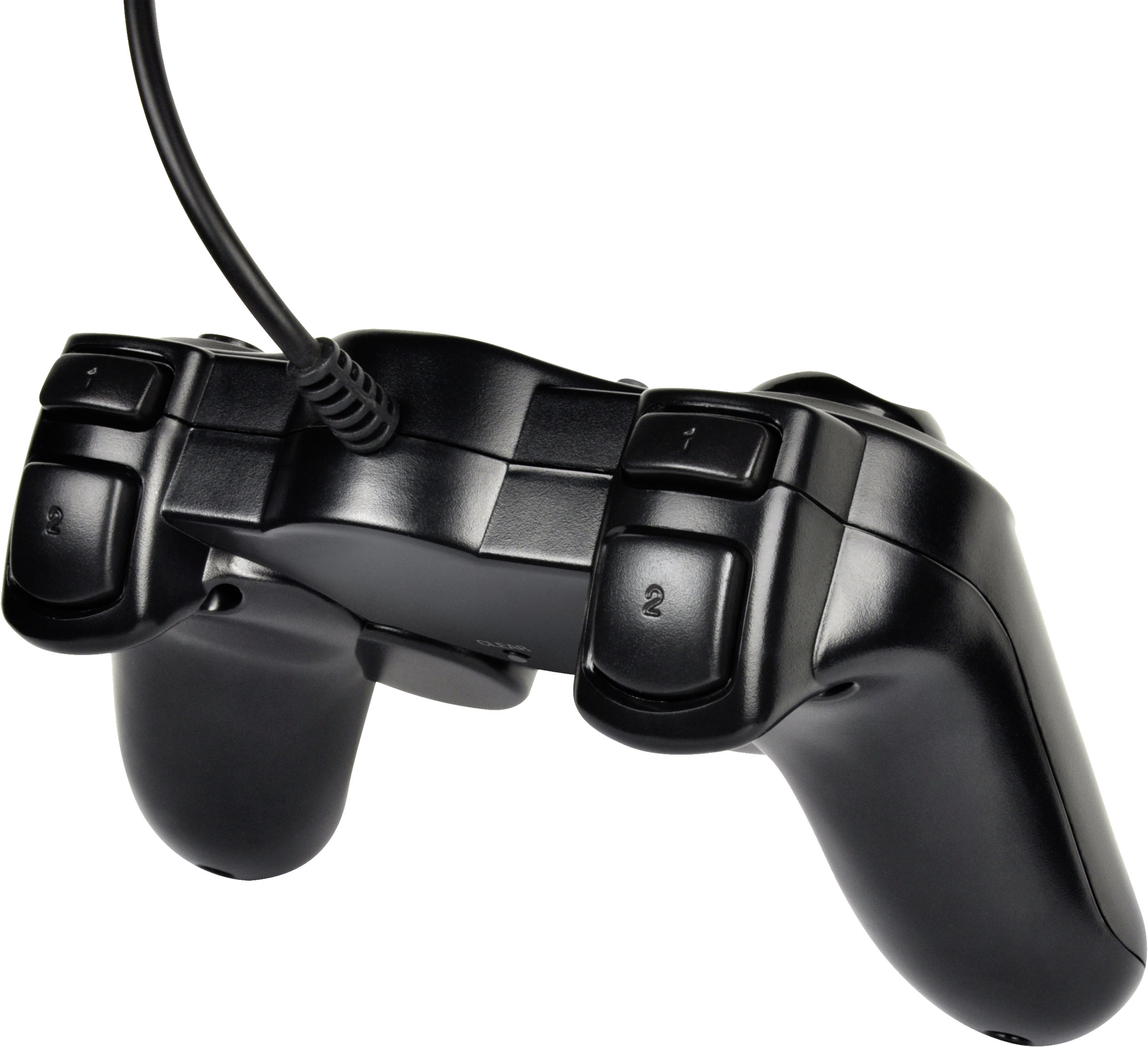 Fekete gamepad. Oldalnézet gombokkal, joystickkal és kábellel.