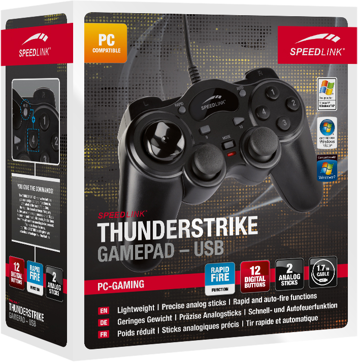 Gamepad doboz gamepad-dal, szöveggel és logókkal. Fekete gamepad fehér háttéren.
