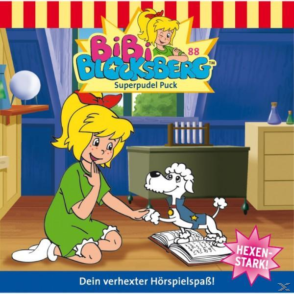 Kinderbuchcover: Ein Mädchen und ein Hund mit einem Buch, mit den Worten Bibi Blocksberg.