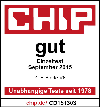 Weißer Hintergrund, rotes CHIP-Logo, Text: gut, Einzeltest, September 2015, ZTE Blade V6 und chip.de.
