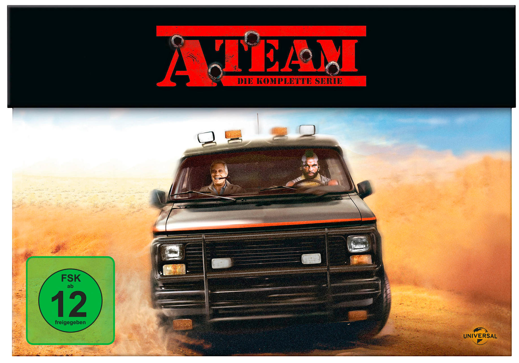 DVD-Cover für 'A-Team: Die komplette Serie' mit einem Van, der durch die Wüste fährt.