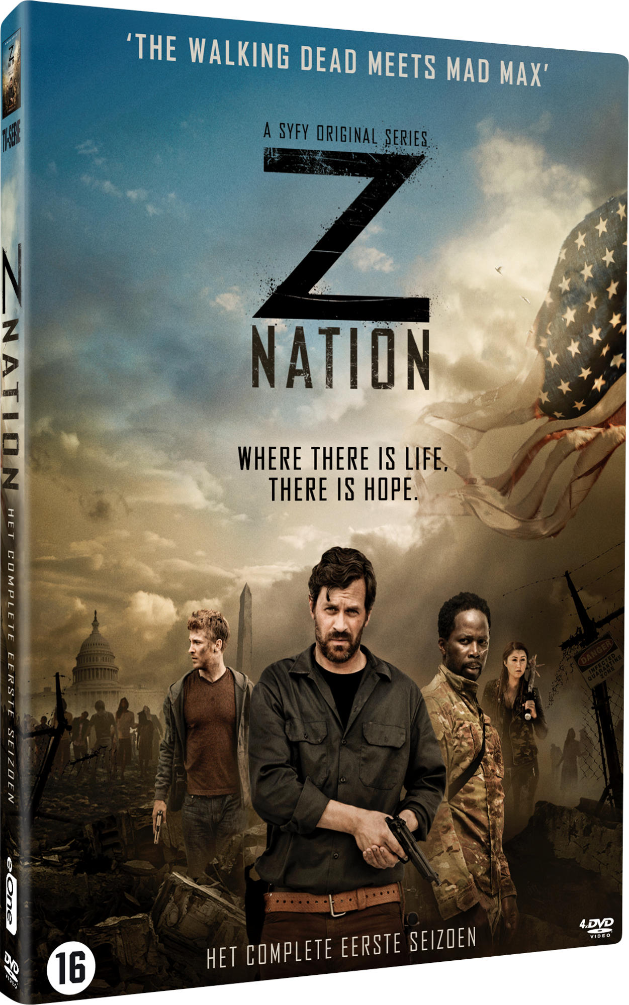 Boîtier DVD de Z Nation. Des gens debout. Drapeau américain en arrière-plan.