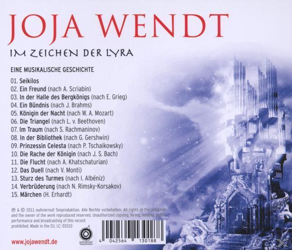CD-Rückseite: Joja Wendt - Im Zeichen Der Lyra. Text mit Musik-Titelliste und einer Schlossillustration.