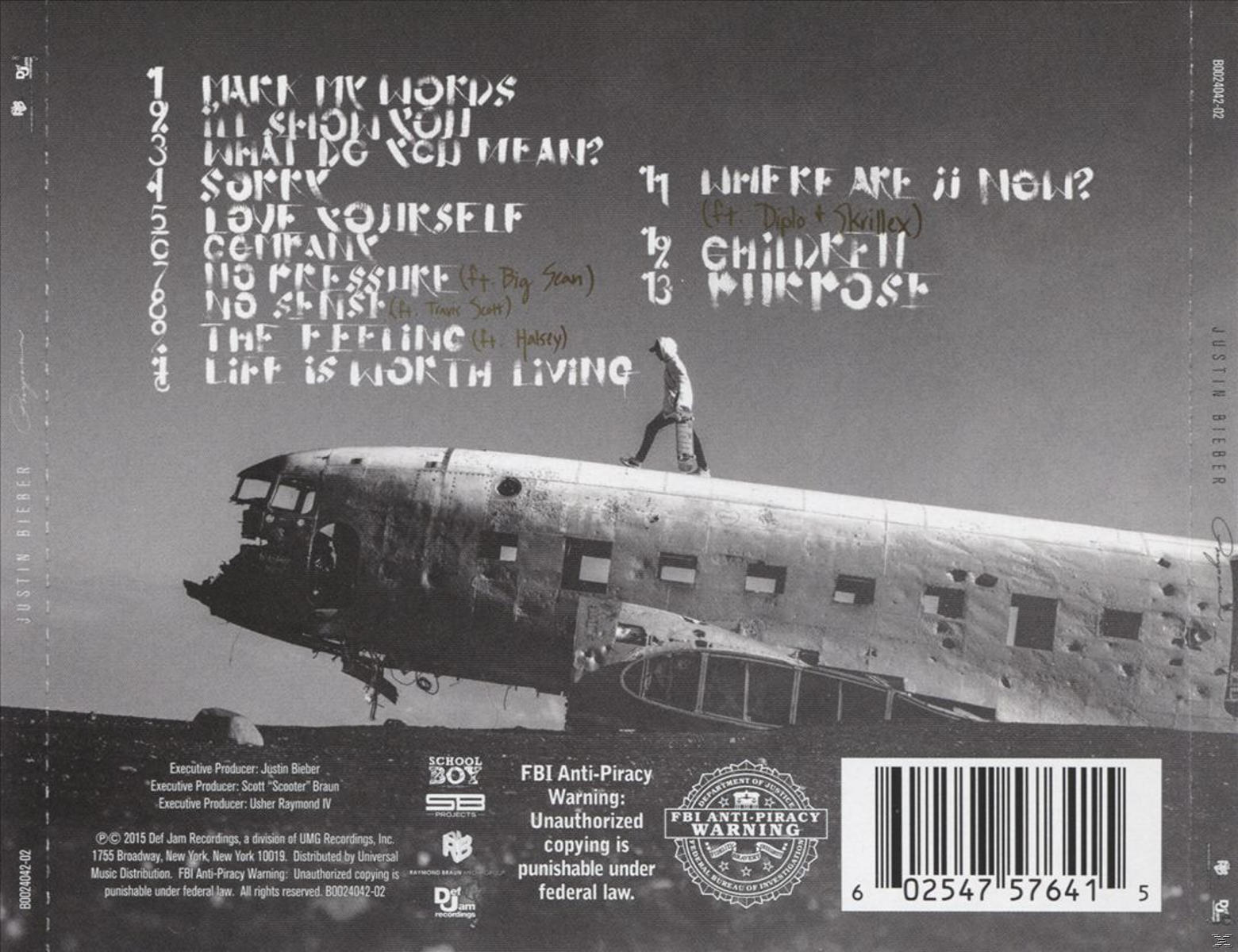 CD-Cover mit Bieber, der auf einem Wrack eines Flugzeugs geht. Titel: Mark My Words, Sorry und Purpose.