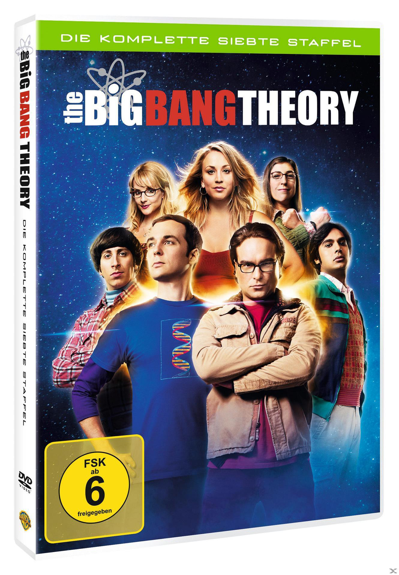DVD-Cover von The Big Bang Theory Staffel 7. Gruppe von Schauspielern lächelt, zeigen Logo und Bewertung.