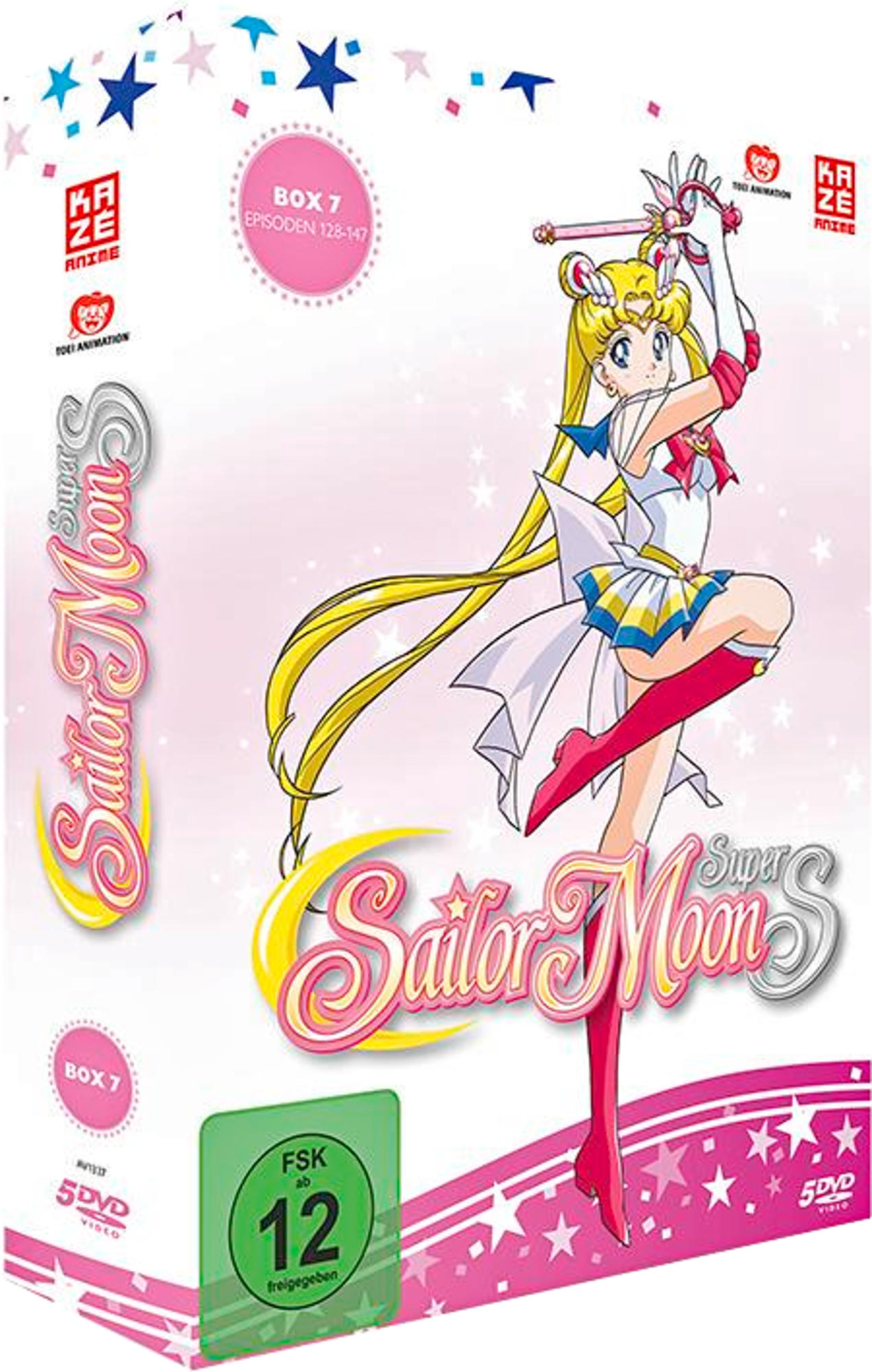 Sailor Moon Box-Set. Eine weibliche Figur in einem Matrosenanzug. Sterne und Mond sind auf der Box.