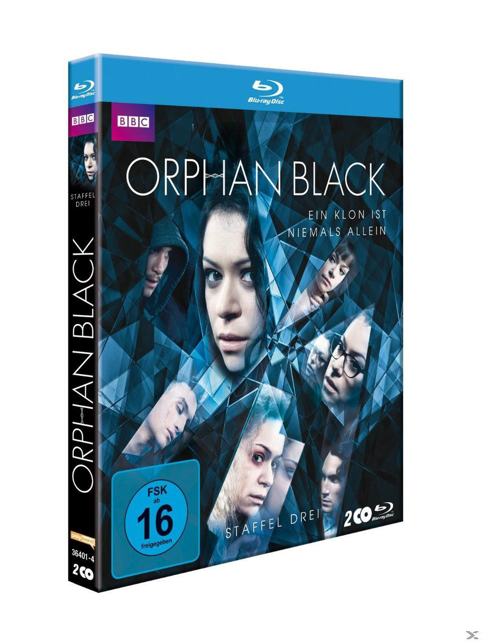Blu-ray-Cover der Serie Orphan Black. Eine Frau blickt nach vorne, andere Gesichter umgeben sie. Text befindet sich auf dem Cover.