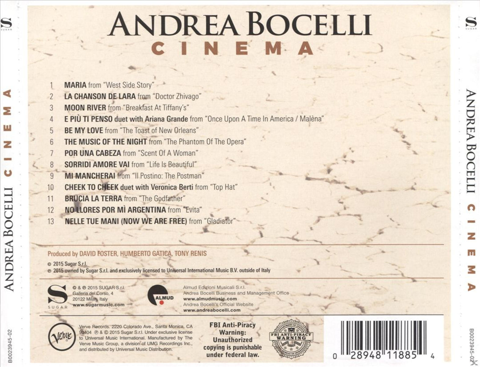 CD borító Andrea Bocelli - Cinema szöveggel, és egy számlistával. Egy album borítóját mutatja.
