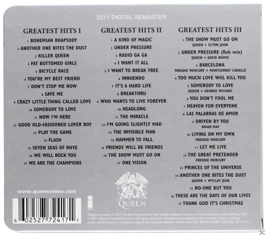Queen-Albumcover mit Greatest Hits-Titelliste. Der Text ist weiß auf schwarzem Hintergrund.