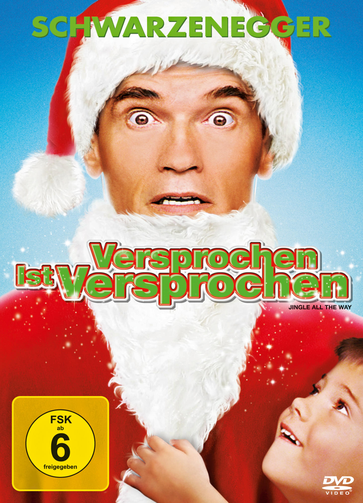 DVD-Cover mit Schwarzenegger in einem Weihnachtsmannhut. Titel: Versprochen ist Versprochen.
