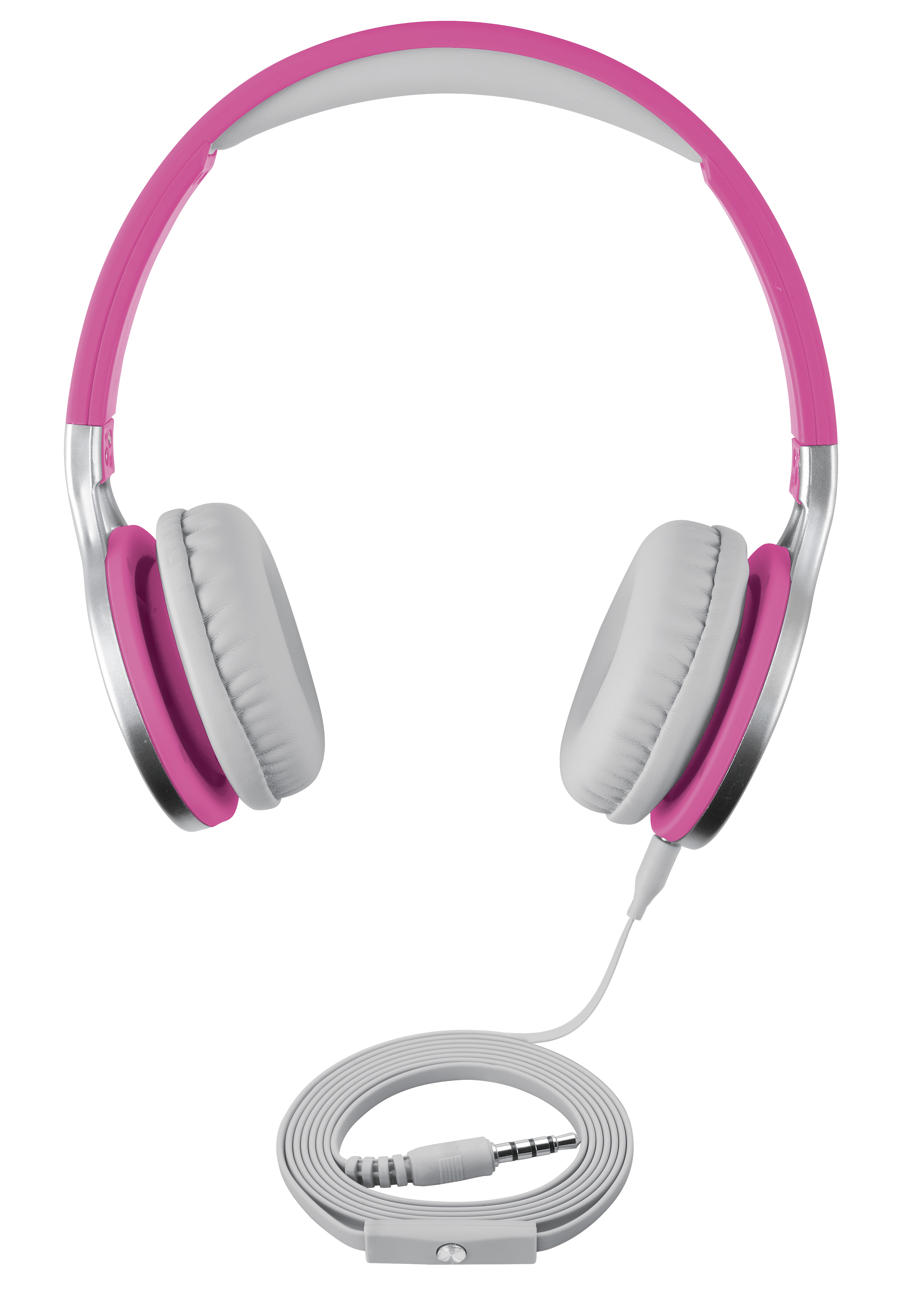 Rosa-silberne Kopfhörer mit weißen Ohrmuscheln. Weißes Kabel und Stecker. Weißer Hintergrund.