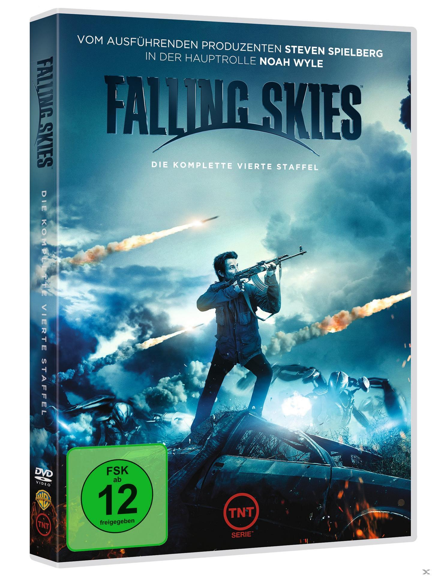 DVD-Cover von Falling Skies. Ein Mann zielt mit einer Waffe, mit brennendem Auto und Alien-Kreaturen im Hintergrund.