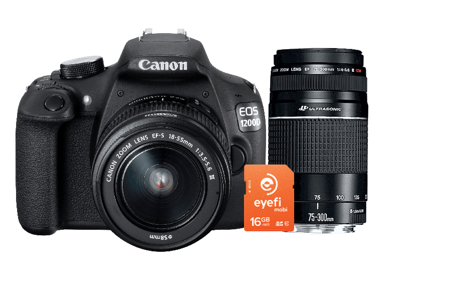 CANON EOS 1200D + Eyefi Speicherkarte Spiegelreflexkamera, , , 18-55 mm, 75-300 mm (III USM) Objektiv, Schwarz