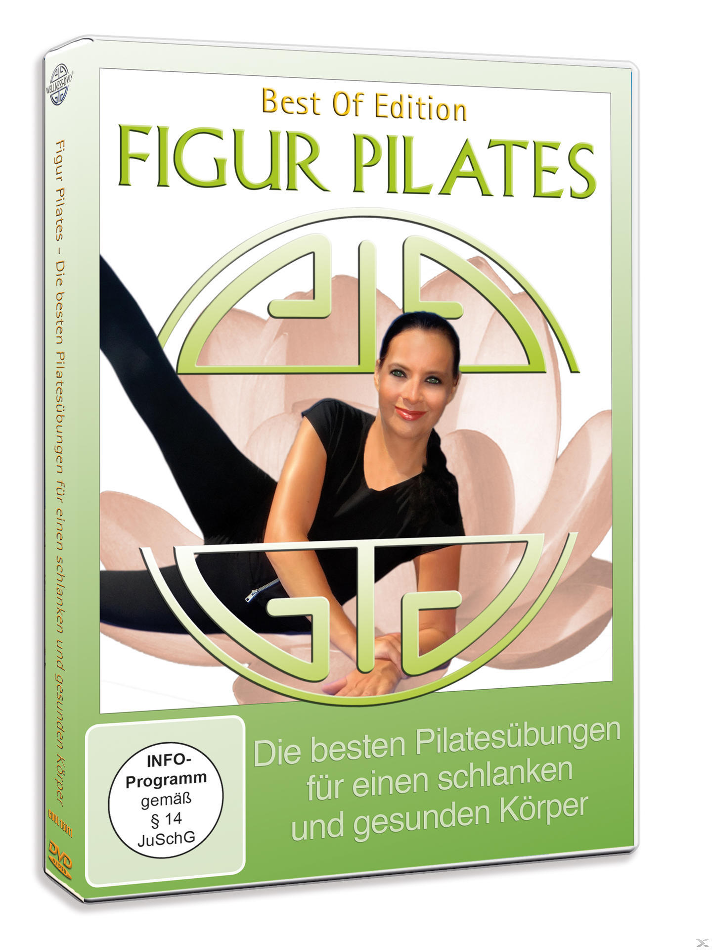 DVD-Cover: Figur Pilates. Frau in schwarzer Kleidung, grünes Logo. Text: Die besten Pilatesübungen.