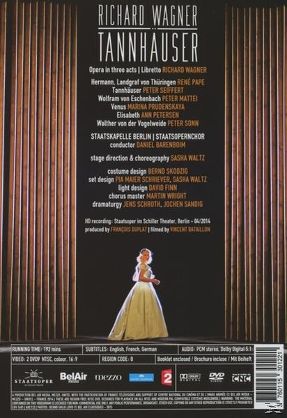 DVD-Hülle, die Rückseite mit Text und einem Bild einer Frau auf einer Bühne. Der Titel ist Tannhäuser.