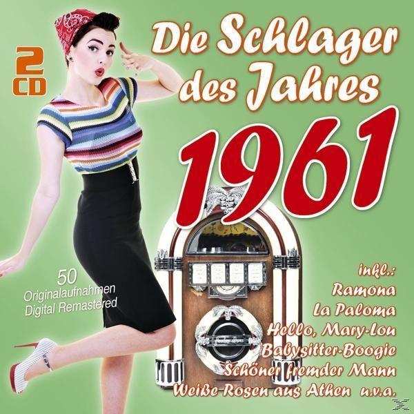 Albumcover mit einer Frau in Vintage-Outfit und einer Jukebox auf grünem Hintergrund. Text 'Die Schlager des Jahres 1961'.