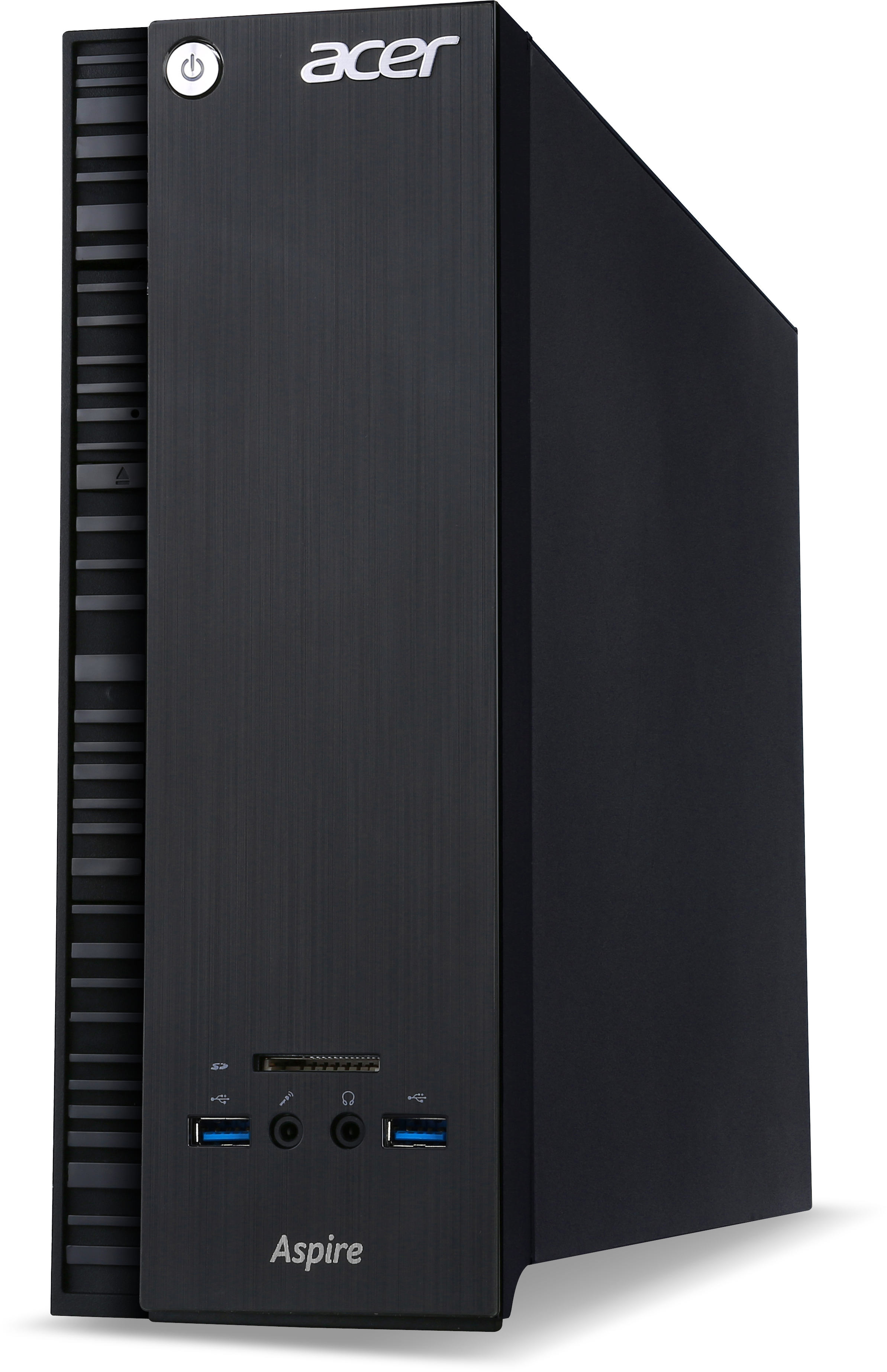 Schwarzer Acer Aspire Desktop-Computer. Ein-/Ausschalter oben. Vorderseite mit USB- und Audioanschlüssen.