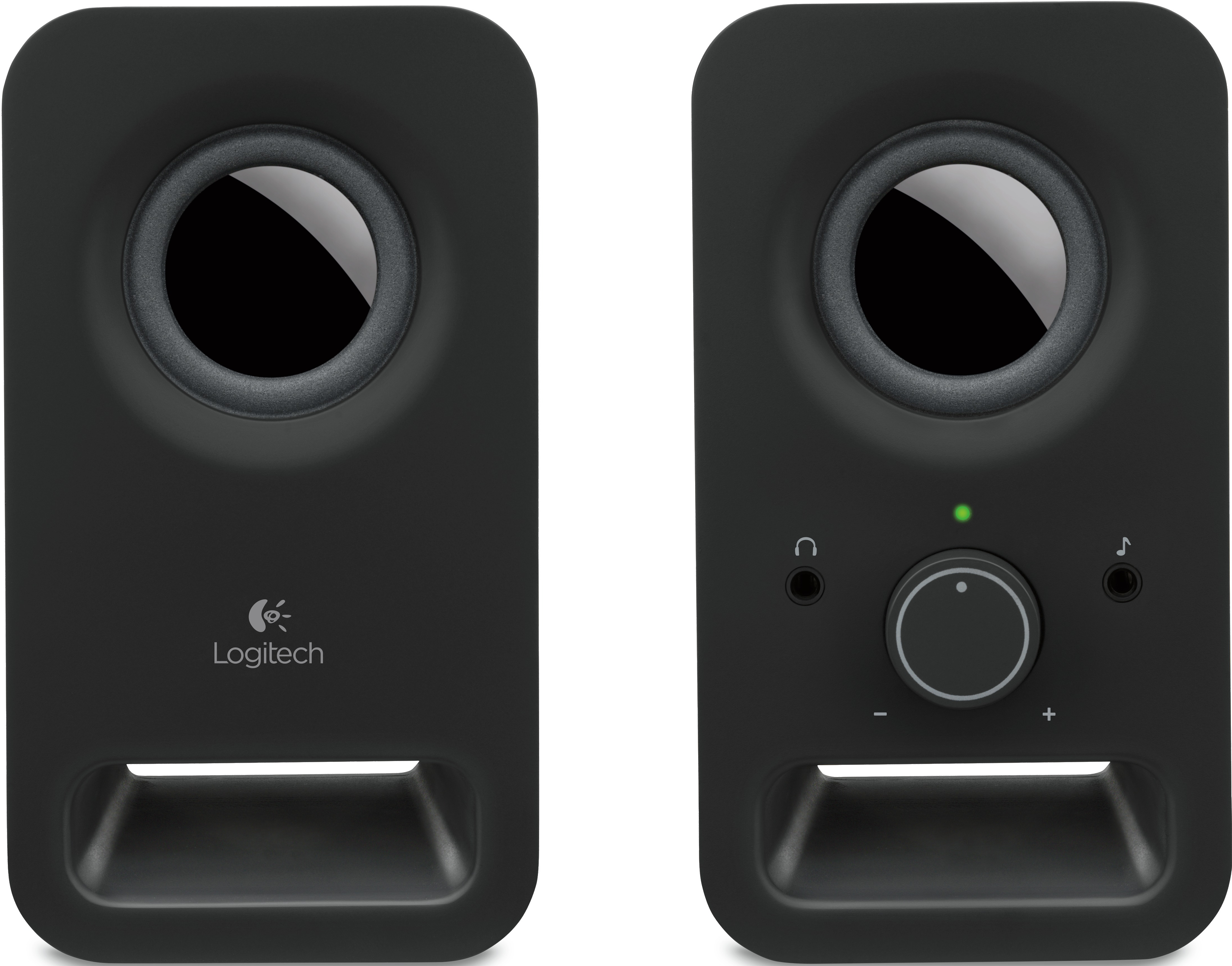 Black Logitech speakers. One has volume control and headphone/mic jacks.
