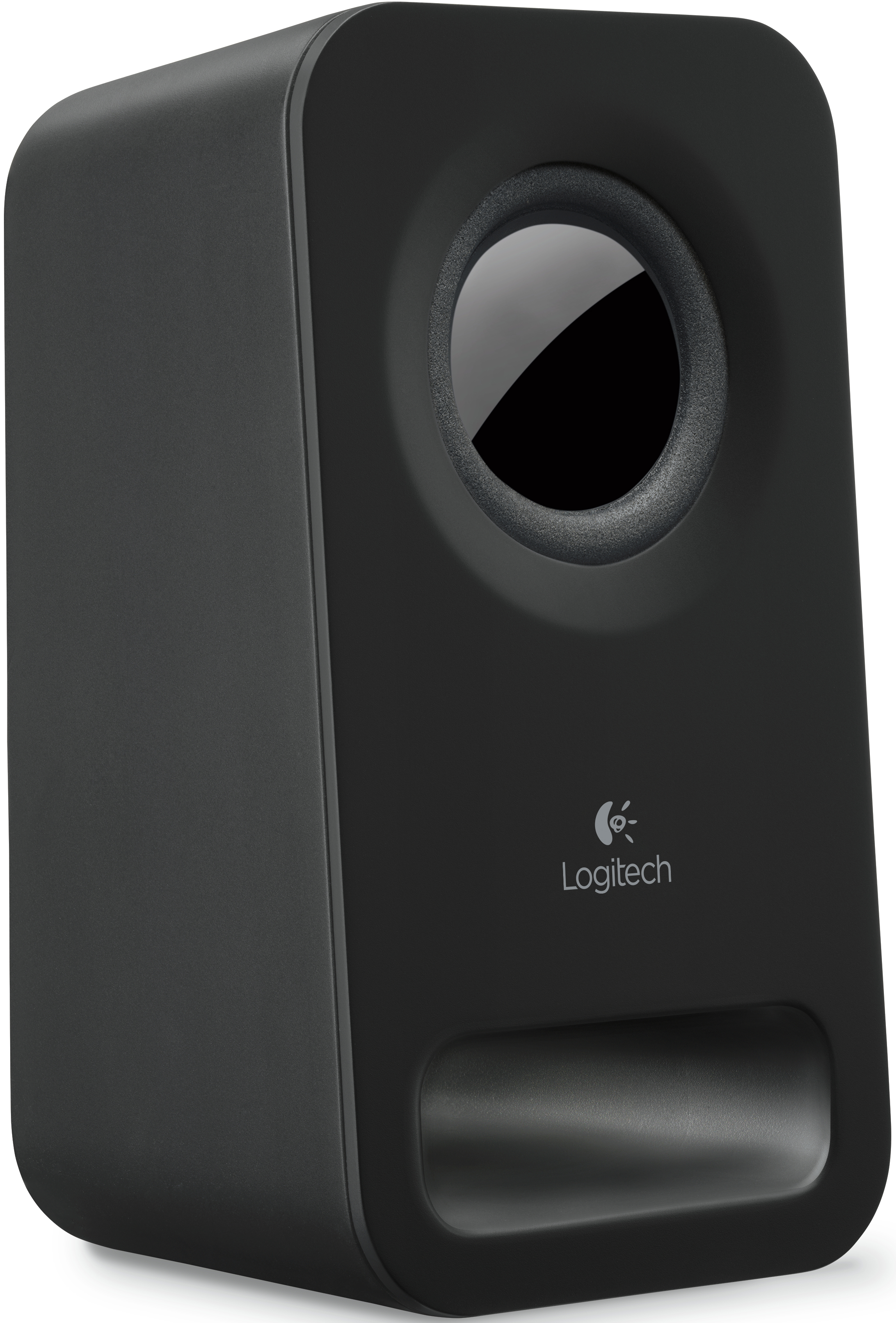 Black Logitech speaker, rectangular shape, with a round speaker opening.
