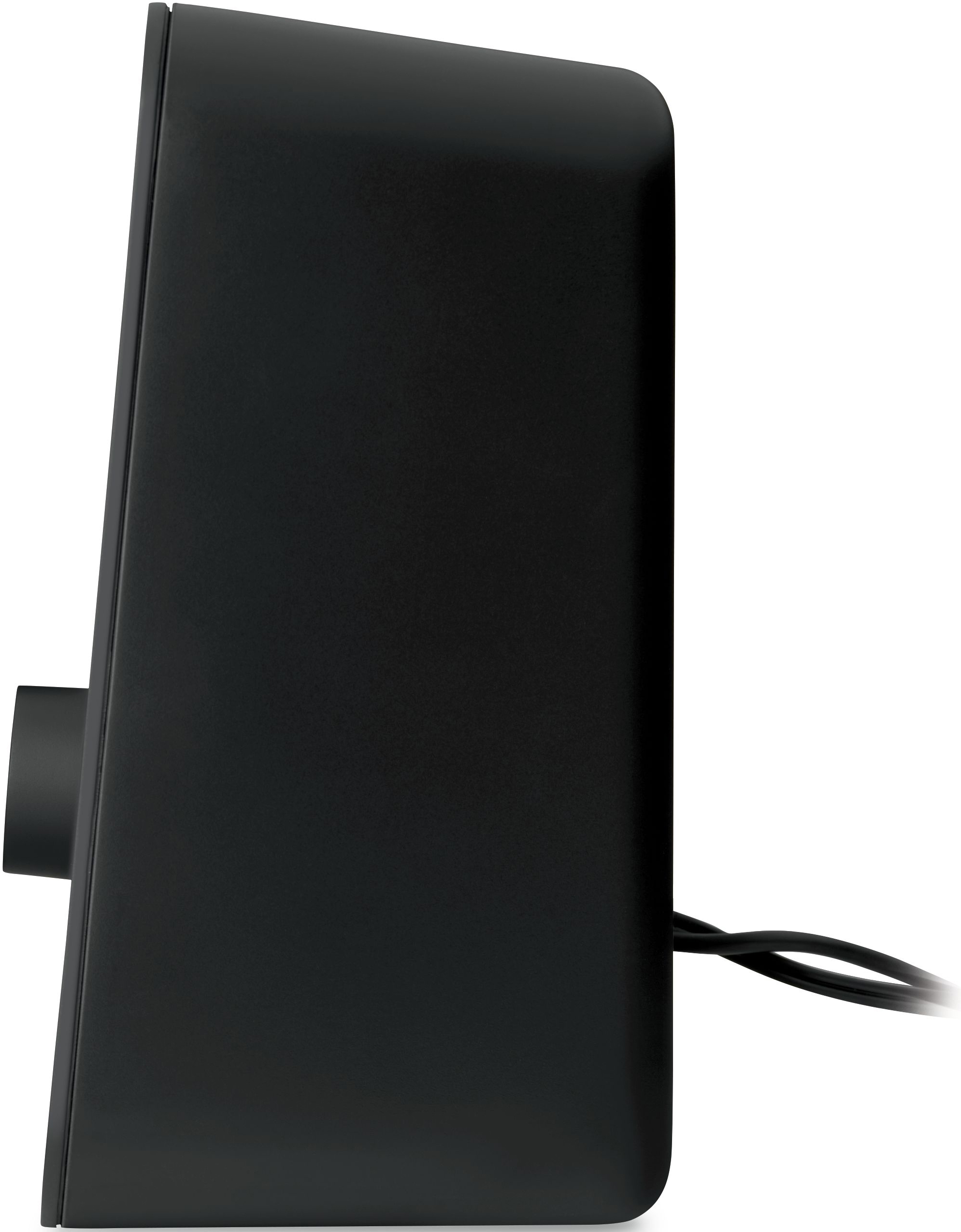A black speaker standing upright, with a volume dial on the side and a connecting cable.