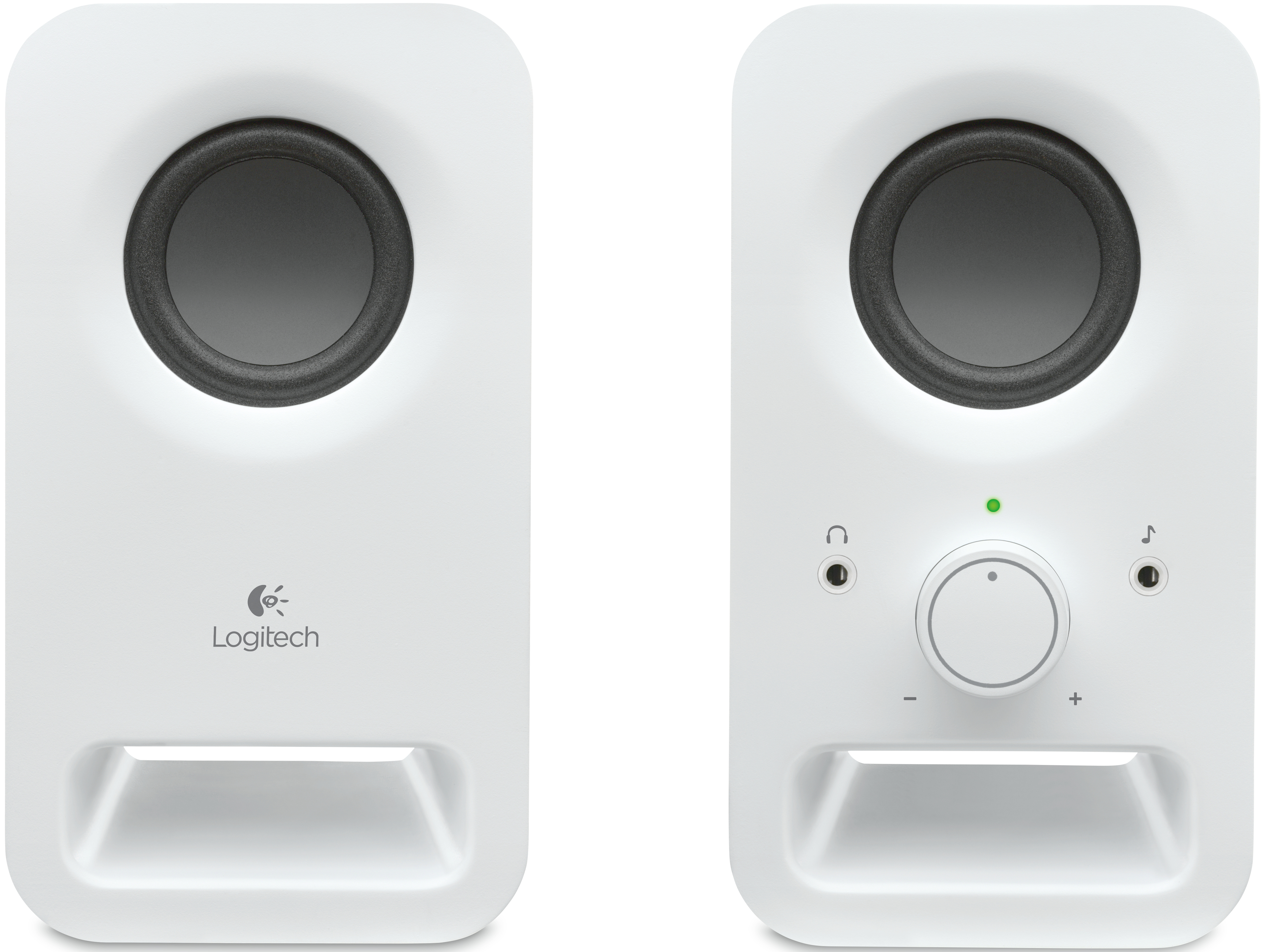 Twee witte Logitech-luidsprekers. Elk heeft een zwarte luidspreker en een witte buitenbehuizing met volume- en invoerregelaars.