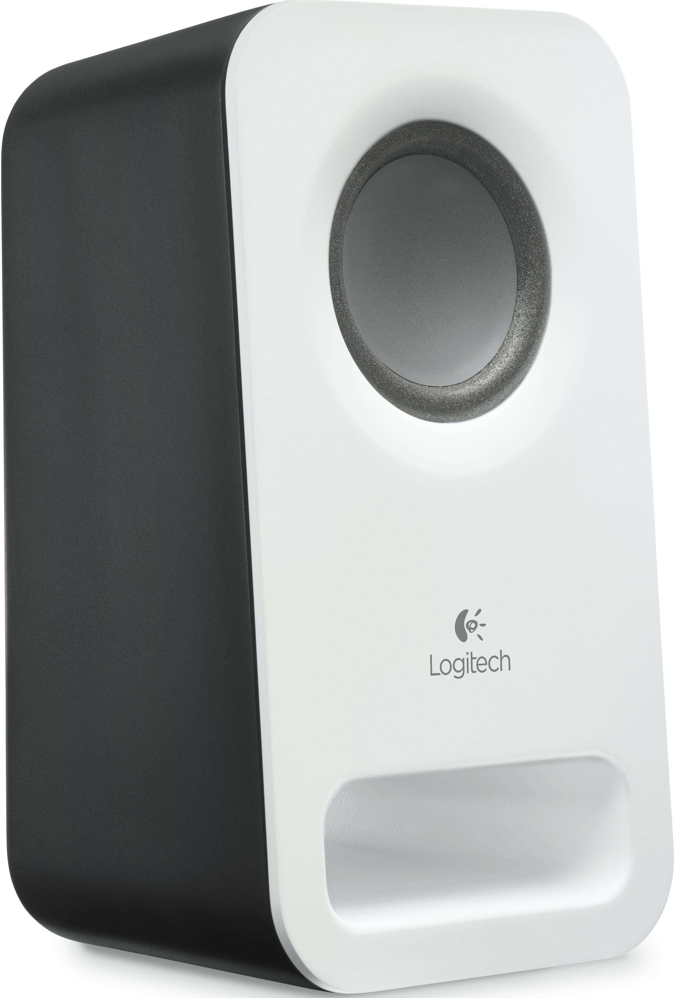Witte en zwarte Logitech-luidspreker. Heeft een grote cirkelvormige opening en het logo.