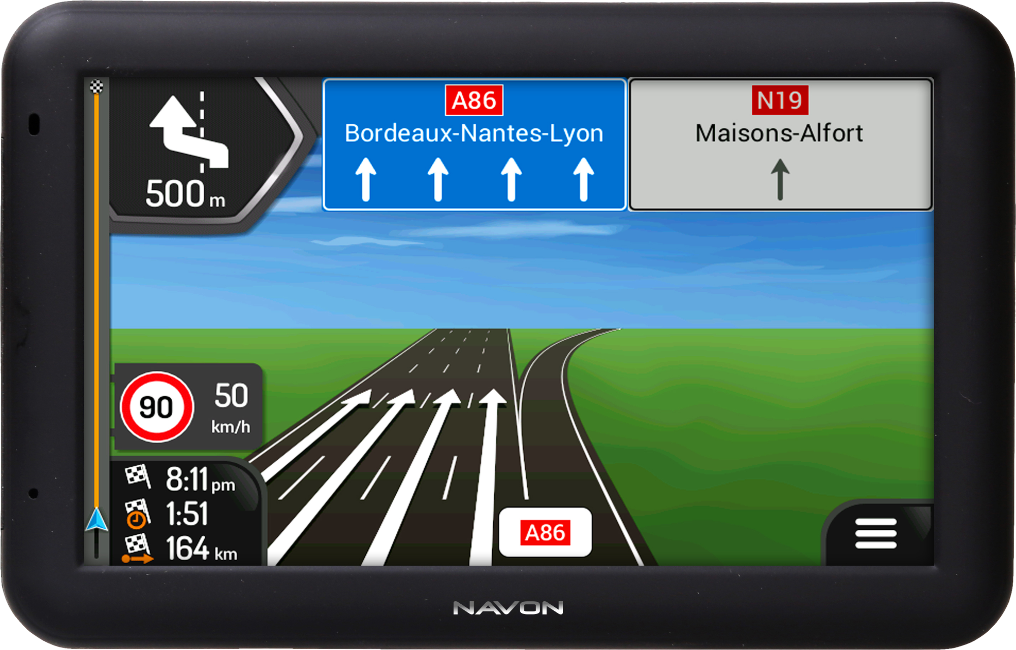 GPS képernyő utat, irányokat és sebességkorlátozást mutat. A sebesség és az idő megjelenítése.