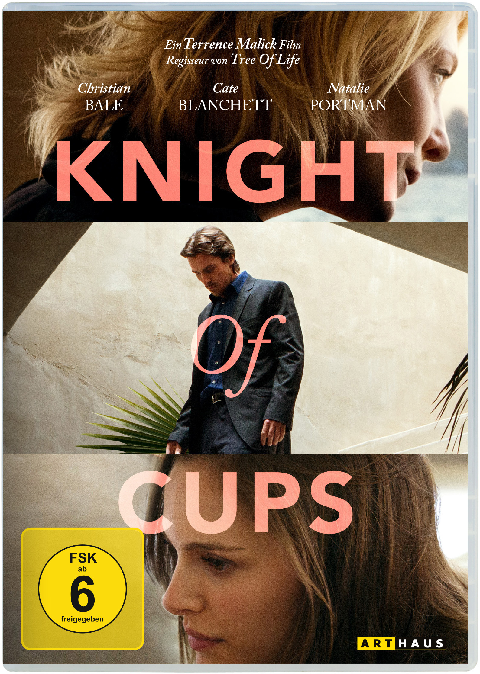 Filmplakat mit Christian Bale, Cate Blanchett und Natalie Portman. Der Titel lautet Knight of Cups.