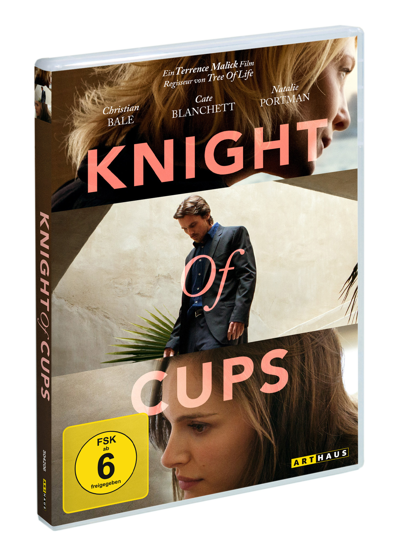 DVD-Cover von "Knight of Cups" mit den Schauspielern Christian Bale, Cate Blanchett und Natalie Portman.