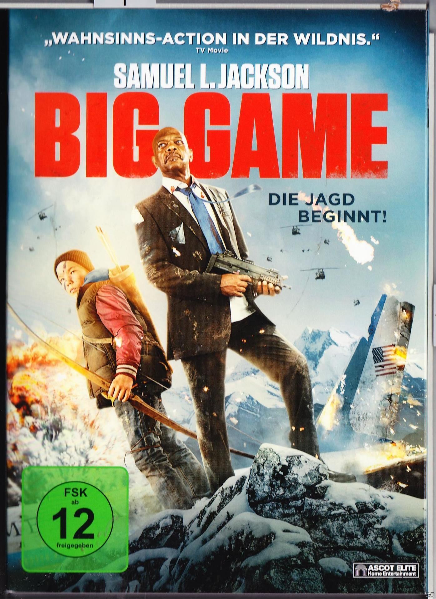 Big Game DVD-Cover. Samuel L. Jackson und ein Junge mit Waffen, Hintergrund: Flugzeugabsturz.