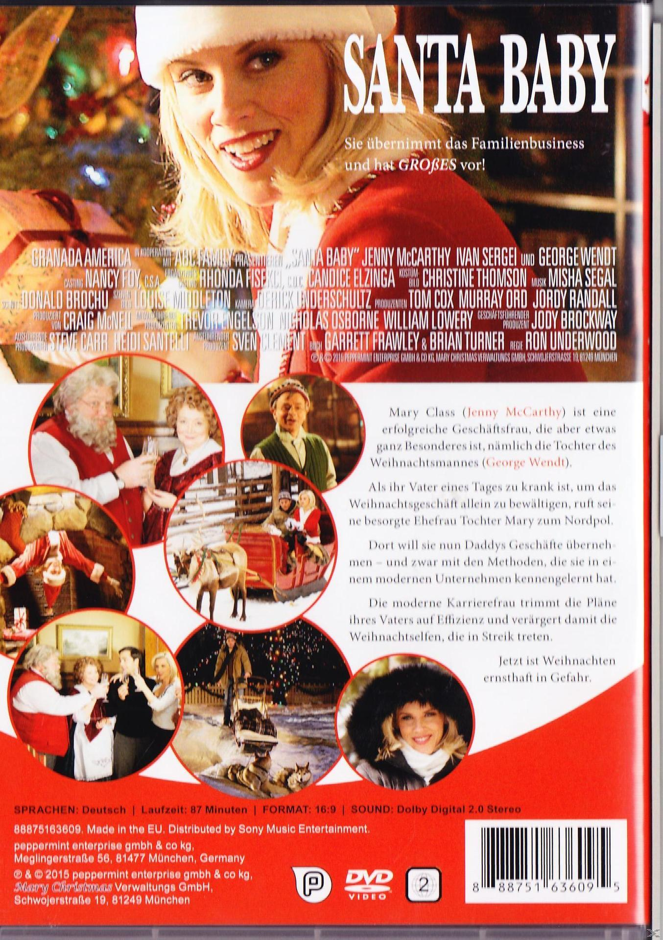 Santa Baby DVD-Cover. Eine Frau mit Weihnachtsmütze lächelt. Text und Filmszenen.