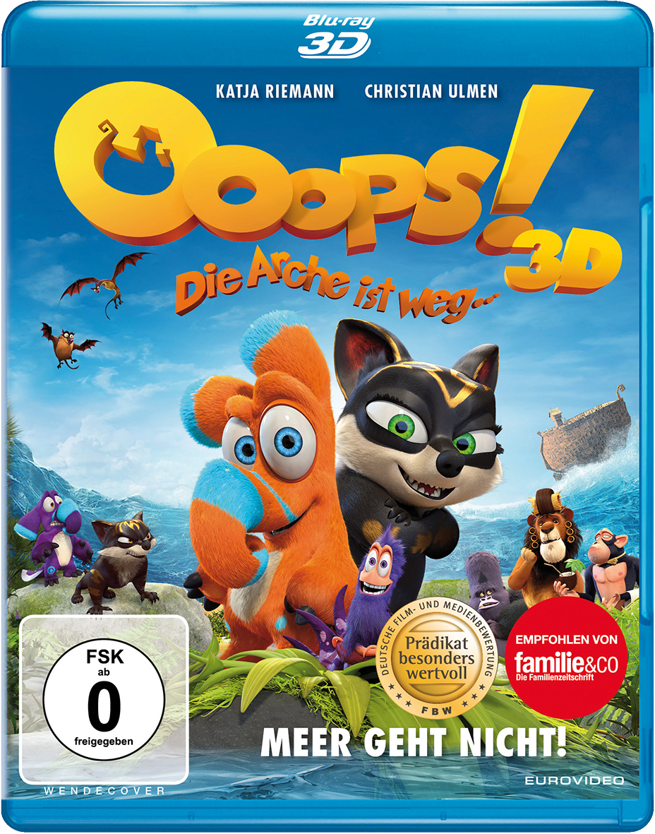 Blu-ray-Cover mit animierten Figuren. Text oben. Der Hintergrund ist blau.