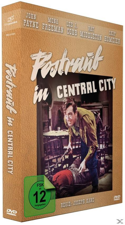 DVD-Cover. Ein Mann mit einer Waffe ist auf einem anderen Mann. Text: Postraint in Central City.