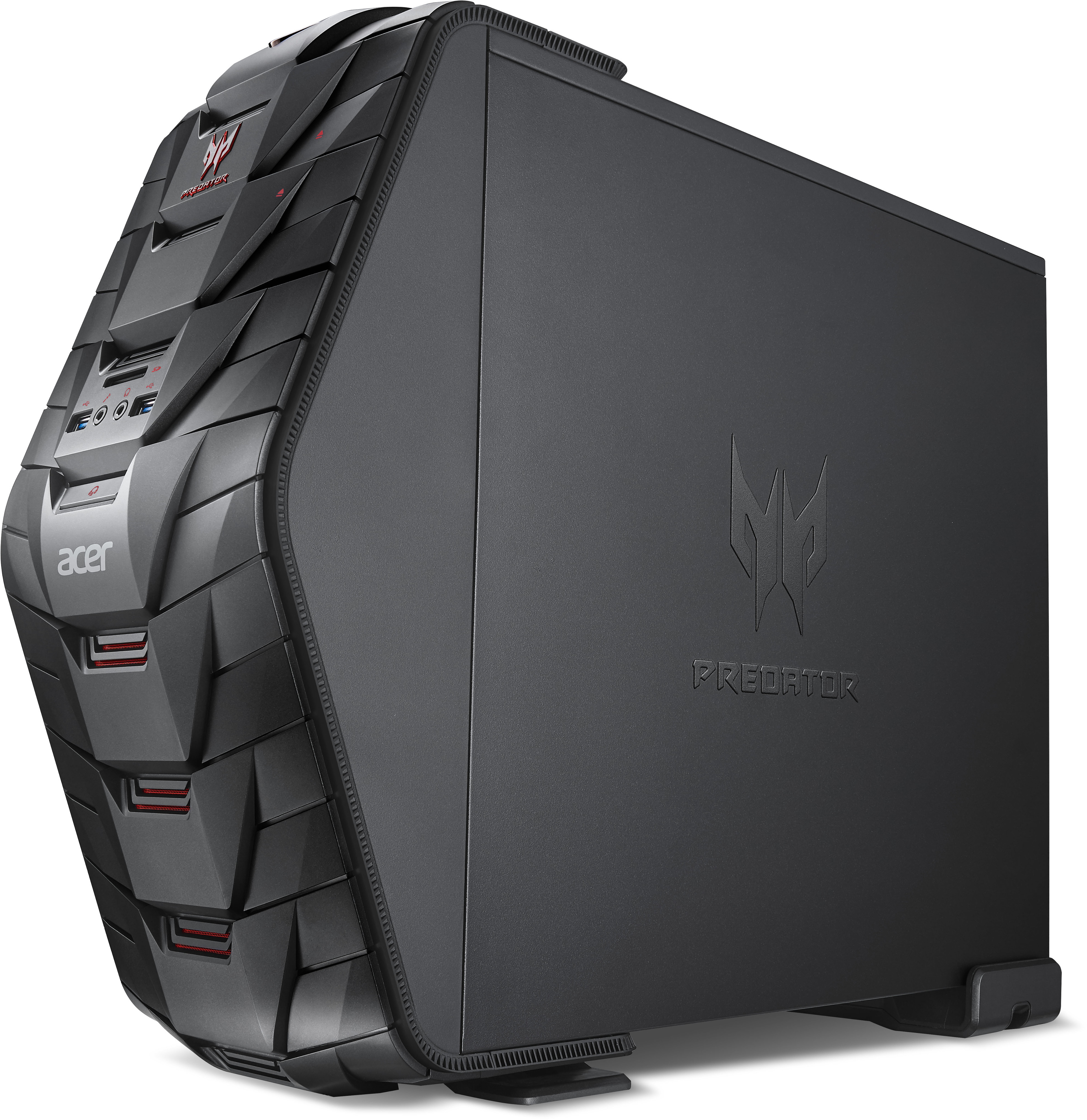 Schwarzer Acer Predator Gaming-PC. Er hat ein einzigartiges, eckiges Design und rote Akzente.