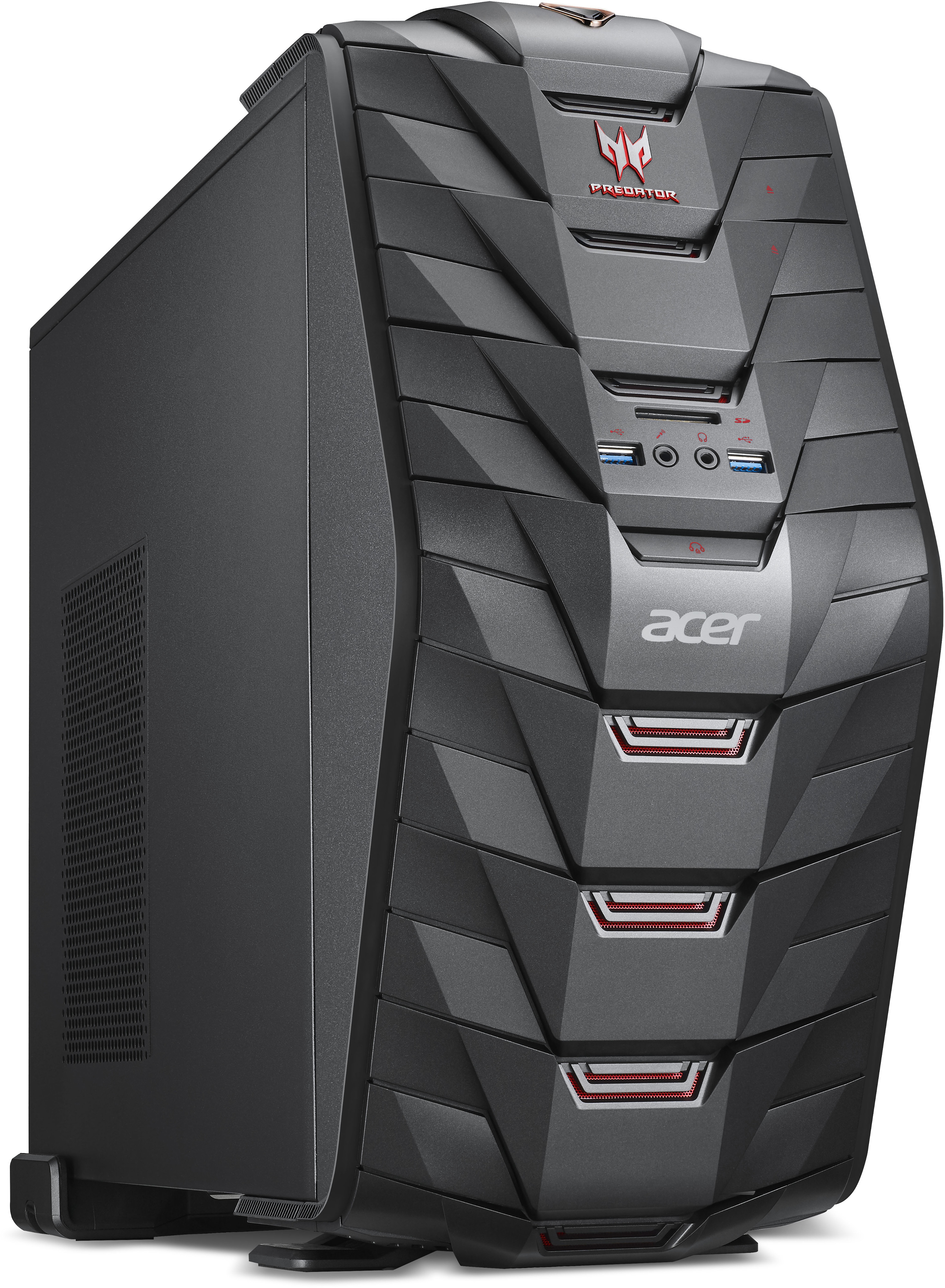 Ein schwarzes und graues Acer Predator Computergehäuse. Die Front hat rote Akzente und ein Predator-Logo.