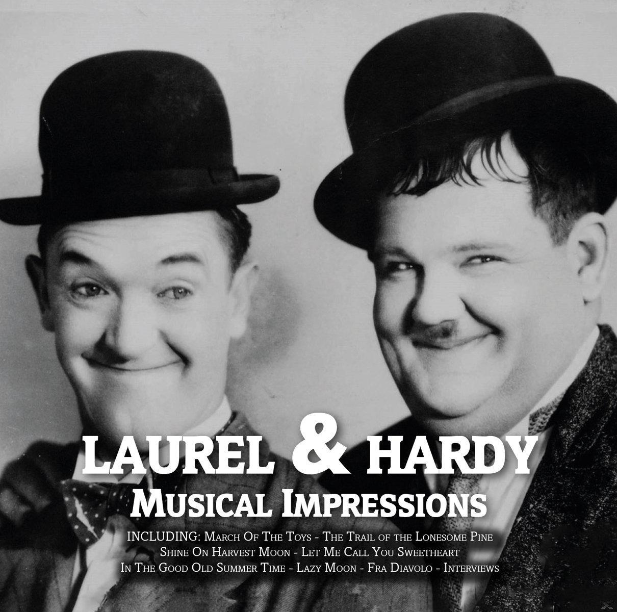 Laurel & Hardy Albumcover, Schwarzweißfoto des Duos, Textüberlagerung.