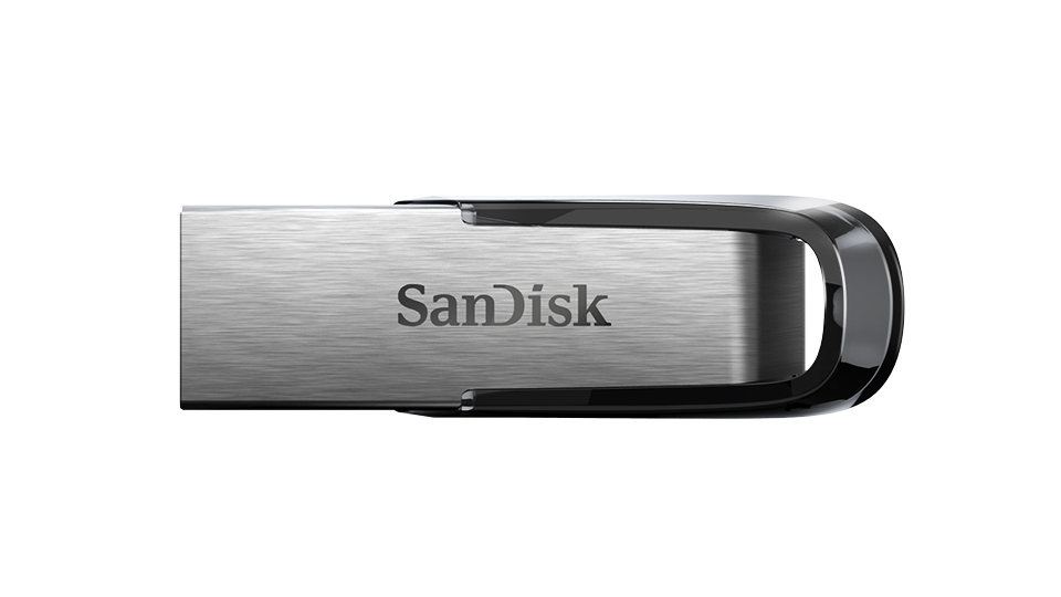 Silberner SanDisk USB-Stick mit schwarzen Akzenten, weißer Hintergrund.