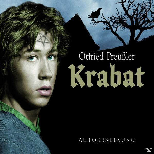 Albumcover Krabat von Otfried Preußler mit dem Gesicht eines jungen Mannes und einer Krähe.