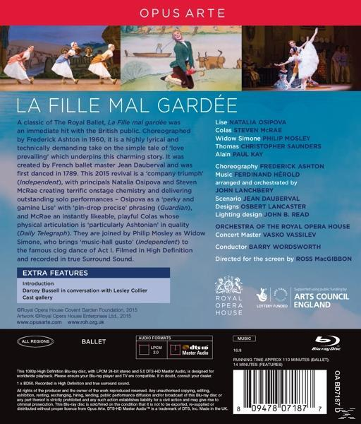Rückseite der 'La Fille Mal Gardée' Blu-ray. Enthält Besetzung, Credits und Ballettinfo.
