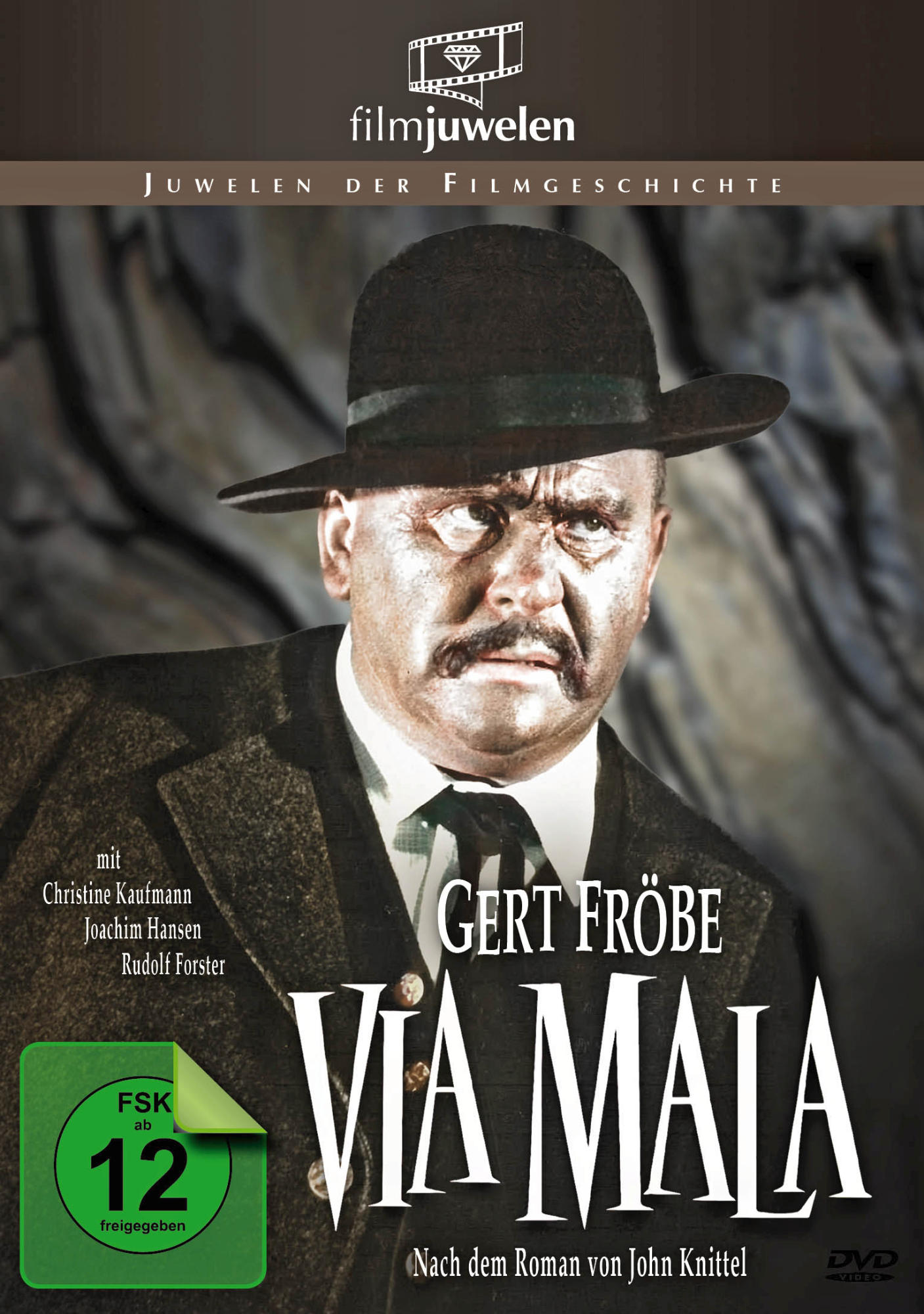 DVD-Cover: Ein Mann mit Hut blickt nach vorn. Text lautet 'Gert Fröbe' und 'Via Mala'.
